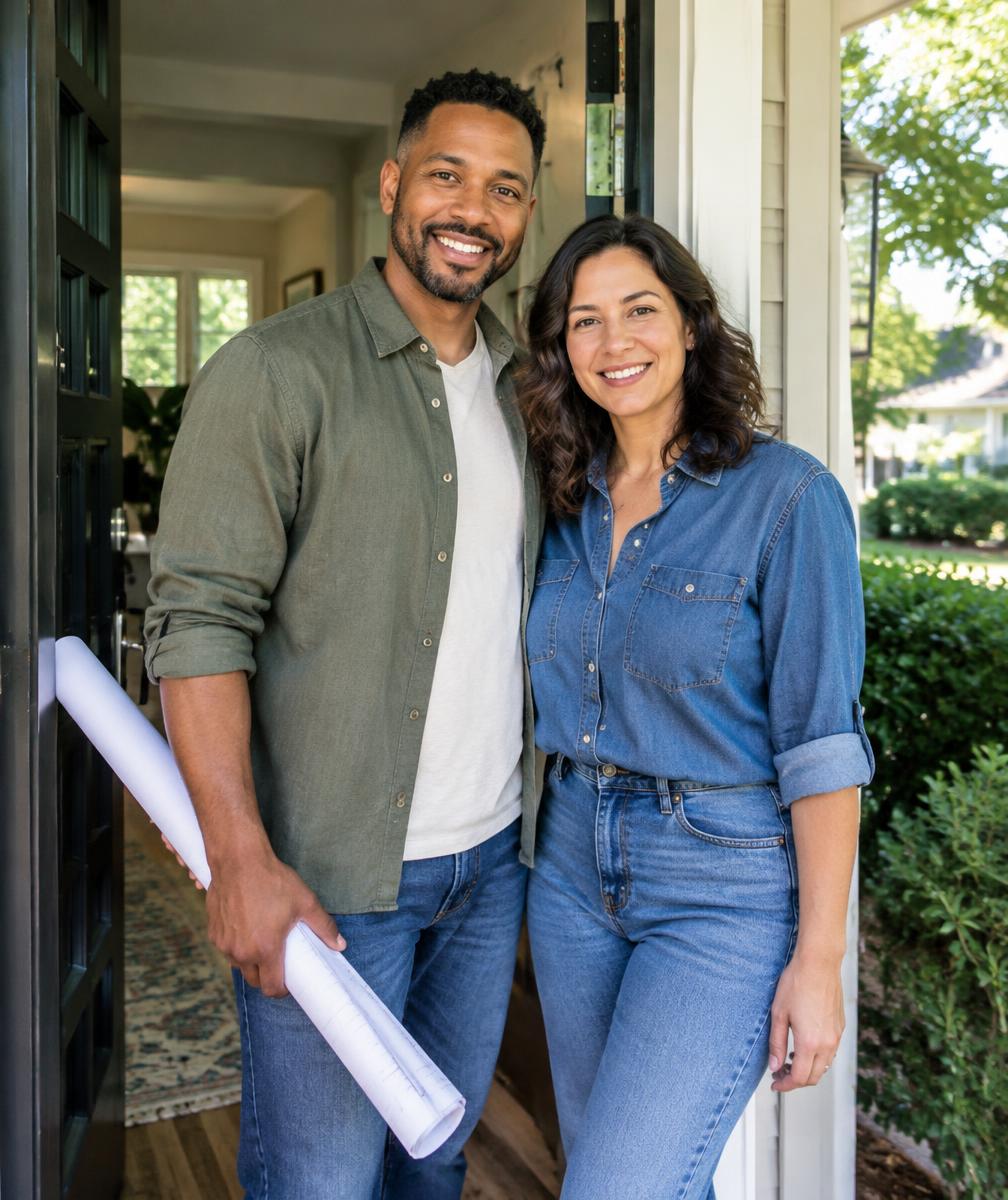 Homeowners standing in the doorway of their home